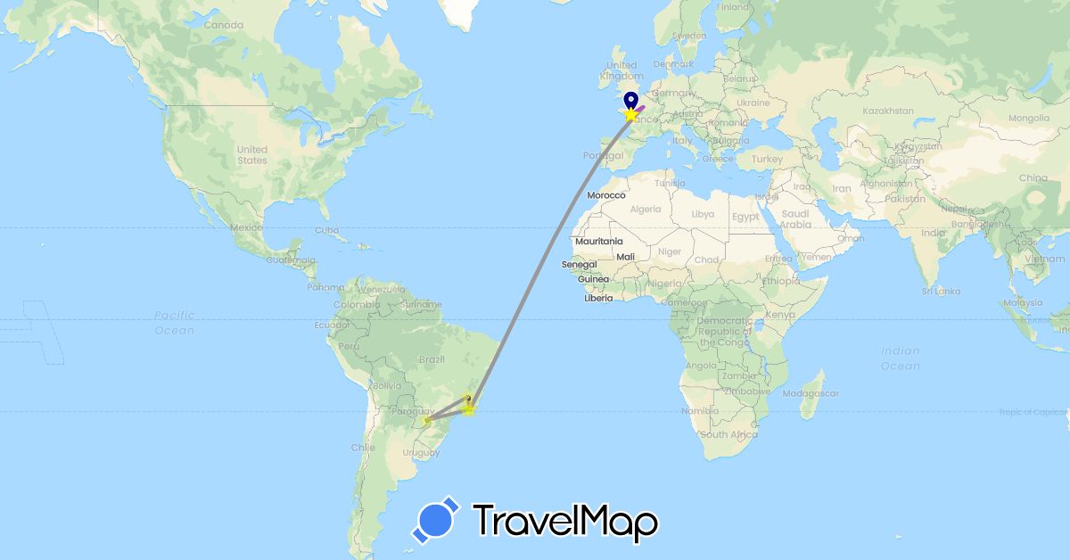 TravelMap itinerary: driving, bus, plane, train, hiking, boat in Argentina, Brazil, France, Portugal (Europe, South America)